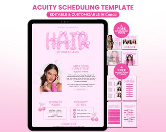 Modelo de agendamento Hair Acuity, site de agendamento de cabeleireiros, agendamento Pink Acuity, site para cabeleireiros Acuity, modelo Canva para Hair Stylists