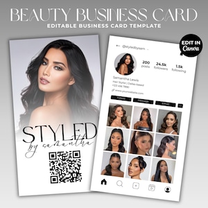 Modèle de carte de visite Instagram bricolage carte de visite beauté Réseaux sociaux QR code cheveux ongles cils maquillage perruque tresses IG carte de visite Canva