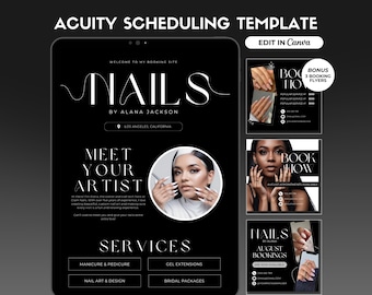 Acuity Scheduling Template Nail Tech Website Minimalist Nail Booking Site Black and White Nail Website Banners Editable Canva Template