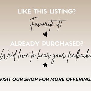 Op de afbeelding: Tekstafbeelding met de woorden "LIKE THIS LISTING? Favorite it!" en "ALREADY PURCHASED? We'd love to hear your feedback!" met een hart- en sterpictogram. De tekst zegt ook "VISIT OUR SHOP FOR MORE OFFERINGS!"