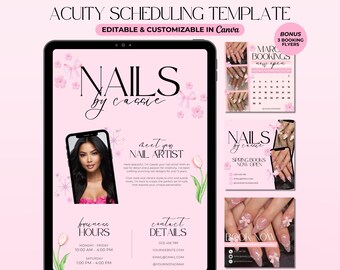 May include: A pink and white digital flyer for a nail salon called "Nails by Cassie". The flyer features a photo of a woman with long, manicured nails, a floral design, and the text "Meet your nail artist". The flyer also includes business hours, contact details, and a call to action to book now.