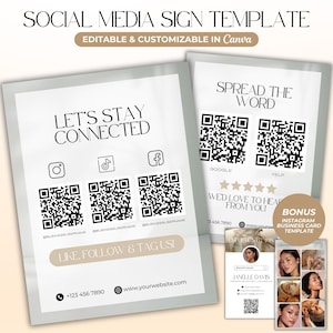 Könnte beinhalten: Social-Media-Schildvorlage mit dem Text „Let's Stay Connected“ und „Spread the Word“. Enthält QR-Codes für Social-Media-Plattformen und eine Bonus-Instagram-Visitenkartenvorlage. Das Design ist in neutralen Tönen gehalten.