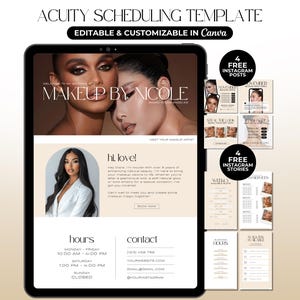 Peut inclure: Un modèle numérique pour la planification Acuity, personnalisable dans Canva. L'écran de la tablette affiche le site web d'une maquilleuse avec le texte "Makeup by Nicole". Des supports promotionnels supplémentaires incluent des publications et des stories Instagram gratuites.