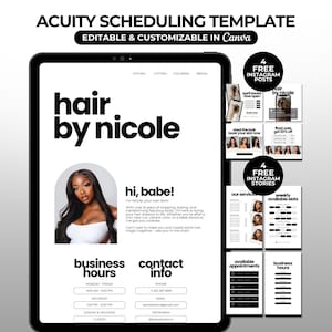 Könnte beinhalten: Ein schwarzes Tablet zeigt eine Terminvorlage für einen Friseursalon. Der Bildschirm zeigt "hair by nicole", ein Foto und Geschäftsinformationen. Die Vorlage enthält Beispiele für Instagram-Posts und -Stories.