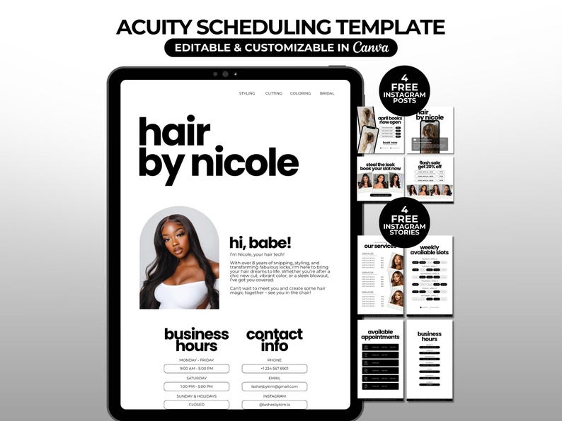 Może przedstawiać: Czarny tablet wyświetla szablon harmonogramu dla salonu fryzjerskiego. Ekran pokazuje "hair by nicole", zdjęcie i informacje biznesowe. Szablon zawiera przykłady post&oacute;w i historii na Instagramie.