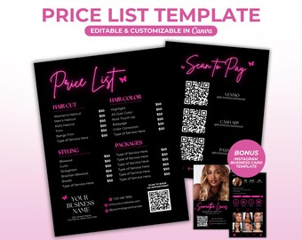 Lista de Preços - Modelo de Sinalização para Pagamento com QR Code - Lista de Preços Editável para Negócios de Cabelo, Unhas, Cílios e Maquiagem