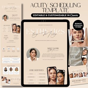 May include: Aesthetician business template displayed on a tablet, with accompanying flyers. The template includes the text "Esthetics by Mary" and "Acuity Scheduling Template". The design incorporates images of women and service information.