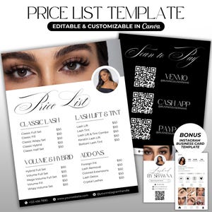Modello di listino prezzi Modello di cartello Scansiona per pagare Codice QR per cartello Listino prezzi Lash Tech per salone di bellezza Modello di pagamento per attività di Canva modificabile