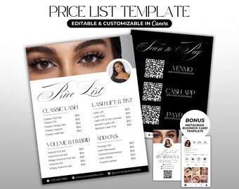 Price List Template Scan To Pay Sign Template QR Code Sign Lash Tech Price List Lash Salon Business Payment Sign Editable Canva Template