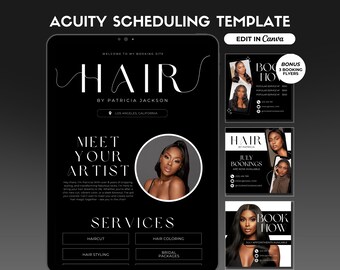 May include: Black and white graphic design template for a hair salon called "Hairs by Patricia Jackson". The template features a stylized image of a woman with long black hair, the text "Meet Your Artist", and a list of services offered, including haircut, hair styling, hair coloring, and bridal packages. The template also includes the text "Book Now" and "July Appointments Available".