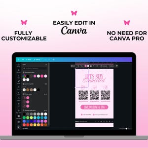 May include: A laptop displays a pink and white design template with the text "LET'S STAY Connected" and QR codes. The screen shows the Canva editing interface, with options for customization. The image also includes the text "FULLY CUSTOMIZABLE" and "NO NEED FOR CANVA PRO".