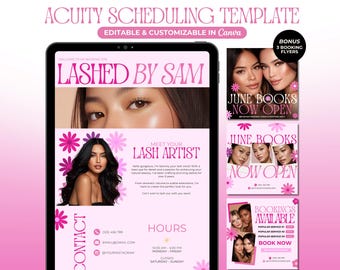 May include: Pink digital template for lash artist services, featuring the text "Lashed by Sam" and "June Books Now Open." Includes contact information, hours, and booking flyers. The design is customizable in Canva.