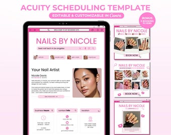 May include: A pink digital template for Acuity Scheduling, featuring a website design for "Nails by Nicole." The template includes booking flyers and is customizable in Canva. The website showcases nail art and manicure services.
