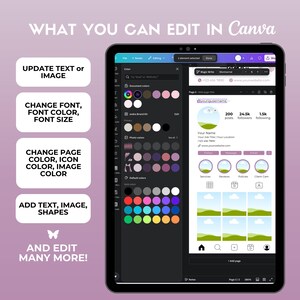 Puede incluir: Una captura de pantalla de una plantilla de dise&ntilde;o de Canva para un perfil de redes sociales. La plantilla presenta un esquema de color morado y blanco con una imagen de paisaje verde. El texto "Magic Moments" se muestra en un c&iacute;rculo blanco con un borde verde. La plantilla incluye una foto de perfil, una secci&oacute;n de biograf&iacute;a y una cuadr&iacute;cula de nueve im&aacute;genes. El texto "200 publicaciones", "24,5k seguidores" y "1,5k siguiendo" se muestra debajo de la foto de perfil.