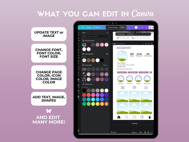 Puede incluir: Una captura de pantalla de una plantilla de dise&ntilde;o de Canva para un perfil de redes sociales. La plantilla presenta un esquema de color morado y blanco con una imagen de paisaje verde. El texto "Magic Moments" se muestra en un c&iacute;rculo blanco con un borde verde. La plantilla incluye una foto de perfil, una secci&oacute;n de biograf&iacute;a y una cuadr&iacute;cula de nueve im&aacute;genes. El texto "200 publicaciones", "24,5k seguidores" y "1,5k siguiendo" se muestra debajo de la foto de perfil.