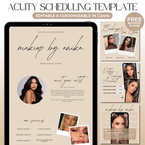 Op de afbeelding: Een digitale sjabloon voor Acuity Scheduling, met de branding van een visagist. Het ontwerp bevat de tekst "makeup by anika" en "meet your artist", samen met voorbeelden van boekingsflyers. Het kleurenschema is neutraal met een beige achtergrond.