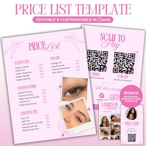 May include: Pink price list template with text "PRICE LIST TEMPLATE" and "EDITABLE & CUSTOMIZABLE IN Canva". Includes a price list for lash services, QR codes for payment, and a bonus Instagram business card template.