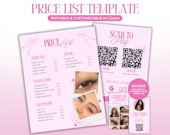 May include: Pink price list template with text "PRICE LIST TEMPLATE" and "EDITABLE & CUSTOMIZABLE IN Canva". Includes a price list for lash services, QR codes for payment, and a bonus Instagram business card template.