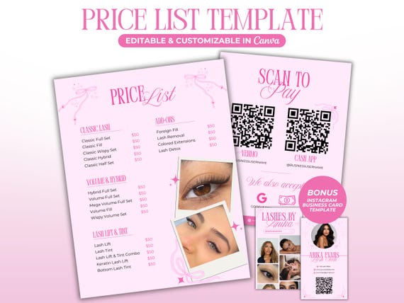 Price List Template  Scan To Pay Sign QR Code Beauty Price List Lash Business Price List Lash Tech Payment Sign Canva Lash Artist Template
