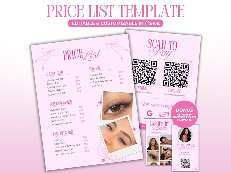 Pode incluir: Modelo de lista de pre&ccedil;os rosa com o texto "PRICE LIST TEMPLATE" e "EDITABLE & CUSTOMIZABLE IN Canva". Inclui uma lista de pre&ccedil;os para servi&ccedil;os de pestanas, c&oacute;digos QR para pagamento e um modelo de cart&atilde;o de visita do Instagram de b&oacute;nus.