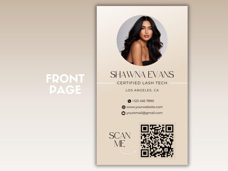 May include: A business card with a beige background and a black and white QR code. The card features a headshot of a woman with long black hair, the text "SHAWNA EVANS", "CERTIFIED LASH TECH", "LOS ANGELES, CA", a phone number, a website address, and an email address. The text "SCAN ME" is below the QR code.