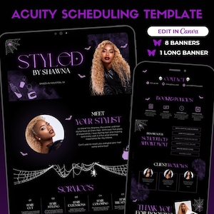 May include: A purple and white Halloween-themed banner for a hair stylist's business. The banner features a spider web design, bats, and the text "STYLED BY SHAWNA".