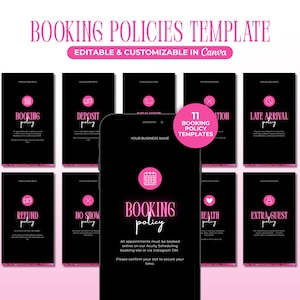 May include: A digital marketing graphic with a pink and black theme. The image displays a smartphone with the words "Booking Policy" on the screen, surrounded by 11 templates. The text "Booking Policies Template" is at the top.