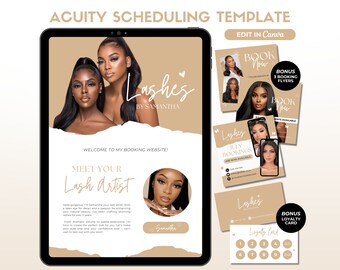 May include: A digital template for scheduling appointments for lash services. The template features a brown background with a white text box that says "Welcome to my booking website!" and "Meet your lash artist". The template also includes a photo of a woman with long black hair and a caption that says "Lashes by Samantha".