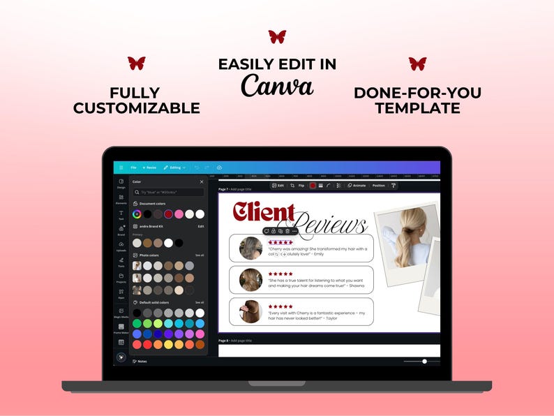 May include: A laptop displays a Canva template with a client reviews layout. The screen shows a design with the text "Client Reviews" and customer testimonials. The words "Fully Customizable" and "Done-for-you template" are also visible.
