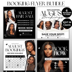 Hair Booking Flyer Template Bundle Minimalist DIY Book Now August Bookings Hair Lashes Nails Wig Braids MUA Flyer Canva Template Editable
