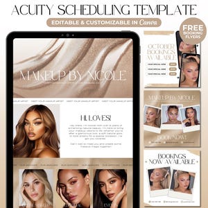 Pode incluir: Um modelo de marketing digital para Acuity Scheduling, apresentando o design do site de uma maquiadora em um tablet. Inclui folhetos promocionais com o texto "Reservas de outubro disponíveis" e "Reserve agora!" em uma paleta de cores neutras.