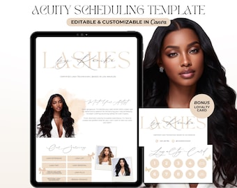 May include: A digital template for scheduling appointments for lash extensions. The template features a light brown background with a white tablet displaying the text "Lashes by Reneke" and a list of services. A loyalty card with a butterfly design is also included.