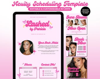May include: Pink digital template for lash artist scheduling, featuring the text "Lashed by Patricia" and "Acuity Scheduling Template." Includes booking flyers and contact information. Editable and customizable in Canva.