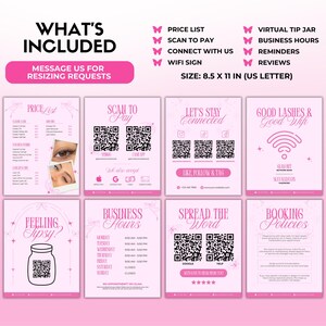 May include: A pink and white flyer set includes a price list, scan to pay options, business hours, and booking policies. The size is 8.5 x 11 inches. The text includes "What's Included" and "Message us for resizing requests."