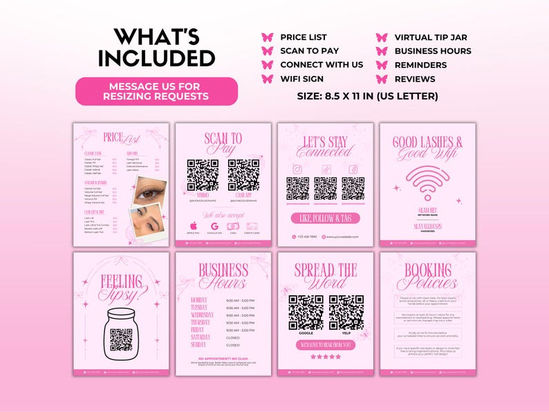 May include: A pink and white flyer set includes a price list, scan to pay options, business hours, and booking policies. The size is 8.5 x 11 inches. The text includes "What's Included" and "Message us for resizing requests."