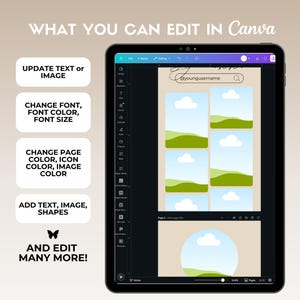 Op de afbeelding: Een screenshot van het Canva-ontwerpplatform dat een ontwerptemplate laat zien met een blauwe lucht, witte wolken en groen gras. De tekst "WHAT YOU CAN EDIT IN Canva" wordt boven de ontwerptemplate weergegeven. De tekst "UPDATE TEXT or IMAGE", "CHANGE FONT, FONT COLOR, FONT SIZE", "CHANGE PAGE COLOR, ICON COLOR, IMAGE COLOR", "ADD TEXT, IMAGE, SHAPES" en "AND EDIT MANY MORE!" wordt weergegeven in vakken links van de ontwerptemplate. De tekst "yourigusername" wordt weergegeven in een zoekbalk bovenaan de ontwerptemplate.