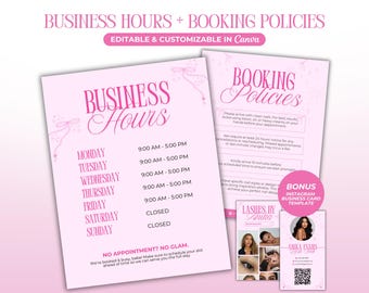 Lash Business Sign Template Business Hours Booking Policies Lash Booking Policy Sign Lash Tech Business Template Canva Lash Tech Branding
