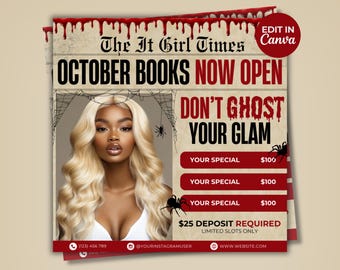 May include: A promotional flyer with a woman with blonde hair. The flyer has a red and beige colour scheme with the text "The It Girl Times" and "OCTOBER BOOKS NOW OPEN". The flyer also says "DON'T GHOST YOUR GLAM".