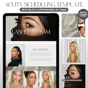 May include: A website mockup for a lash artist called Sam. The website features a photo of a woman with long eyelashes and the text "LASH BY SAM" in a bold font. The website also includes a section for booking appointments and a section for showcasing the artist's work.