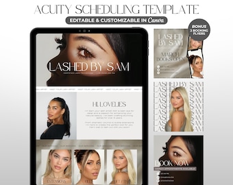 Könnte beinhalten: Ein Website-Mockup für eine Wimpernstylistin namens Sam. Die Website zeigt ein Foto einer Frau mit langen Wimpern und den Text "LASH BY SAM" in fetter Schrift. Die Website enthält auch einen Bereich für die Buchung von Terminen und einen Bereich für die Präsentation der Arbeit der Künstlerin.