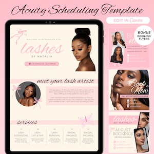 May include: A pink and white digital marketing template for a lash artist. The template features a photo of a woman with long lashes and the text "lashes by Natalia". The template also includes a section for services, a section for booking appointments, and a section for bonus booking flyers.