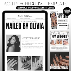 May include: A black and white image of a tablet screen displaying a website for booking nail appointments. The website is titled "Nailed by Olivia" and features a photo of a woman with long dark hair. The website also includes a section titled "Meet Your Artist" and a section with photos of different nail designs. The tablet screen is surrounded by three flyers advertising nail services. The flyers are titled "February Now Open", "New Month New Bookings", and "February Bookings Available".
