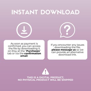Puede incluir: Un gr&aacute;fico rosa y blanco con el texto "INSTANT DOWNLOAD" en negro. Dos burbujas de di&aacute;logo blancas con iconos, una con una flecha hacia abajo y la otra con un signo de interrogaci&oacute;n. El texto en las burbujas de di&aacute;logo explica c&oacute;mo descargar el producto digital y qu&eacute; hacer si encuentras problemas. El texto en la parte inferior del gr&aacute;fico dice "ESTE ES UN PRODUCTO DIGITAL, NO SE ENVIAR&Aacute; NING&Uacute;N PRODUCTO F&Iacute;SICO."