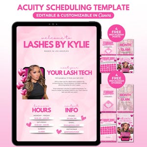 May include: Pink digital template for "Lashes by Kylie" with editable text and customisable design. Includes business hours, contact info, and Instagram posts and stories. The template is designed for use in Canva.