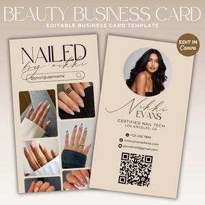 Boho Nagel Visitenkarte Vorlage Nail Tech Visitenkarte Social Media QR Code Nagel Künstler Instagram Visitenkarte Canva Template Minimalistisch