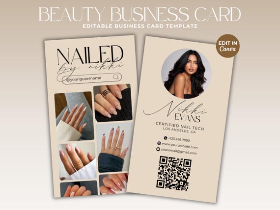 Boho Nail Business Card Template Nail Tech Business Card Social Media QR Code Nail Artist Instagram Business Card Canva Template Minimalist