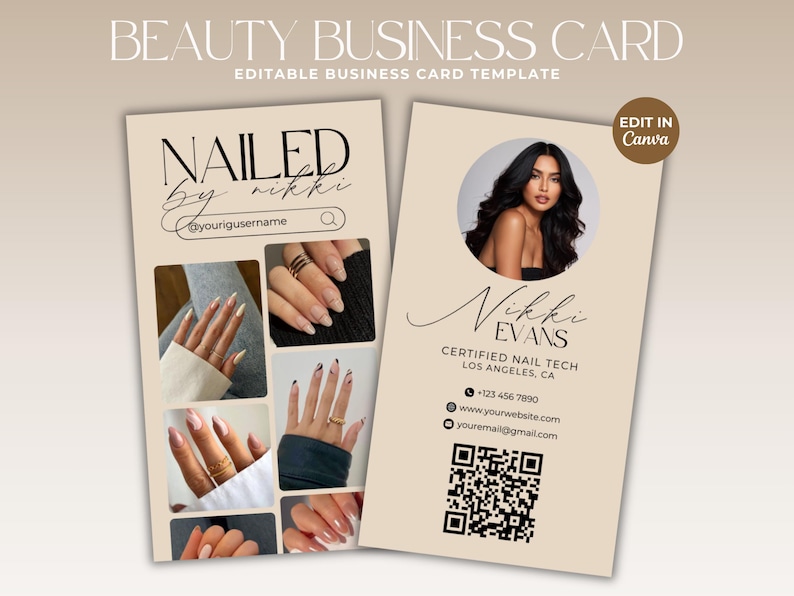Op de afbeelding: Een visitekaartje voor een nagelstyliste genaamd Nikki Evans. De kaart bevat een foto van Nikki, haar bedrijfsnaam "NAILED by nikki", haar social media-handvat, contactgegevens en een QR-code. De kaart is beige met zwarte tekst.