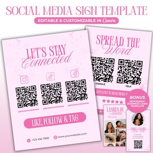 Könnte beinhalten: Rosa Social-Media-Schildvorlage mit dem Text "LET'S STAY Connected" und "SPREAD THE Word". Enthält QR-Codes für Social-Media-Plattformen und eine Visitenkartenvorlage. Das Schild ist in Canva editierbar und anpassbar.