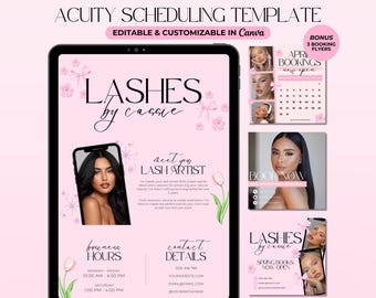 May include: A pink and white digital marketing template for a lash artist named Cassie. The template includes a calendar, contact information, and business hours. The text "LASHES by Cassie" is featured prominently in a pink and white floral design.