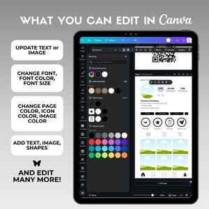 May include: A black tablet showing the Canva interface, with options to edit text, images, fonts, and colours. Text reads "WHAT YOU CAN EDIT IN Canva" and "AND EDIT MANY MORE!" on a grey background.